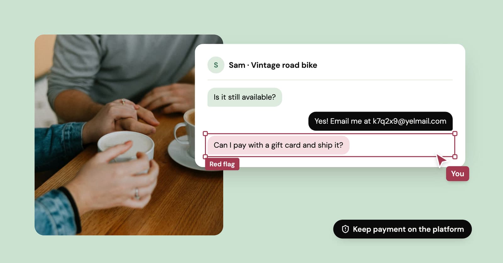 Two people at a café next to a marketplace chat that flags a gift card payment request