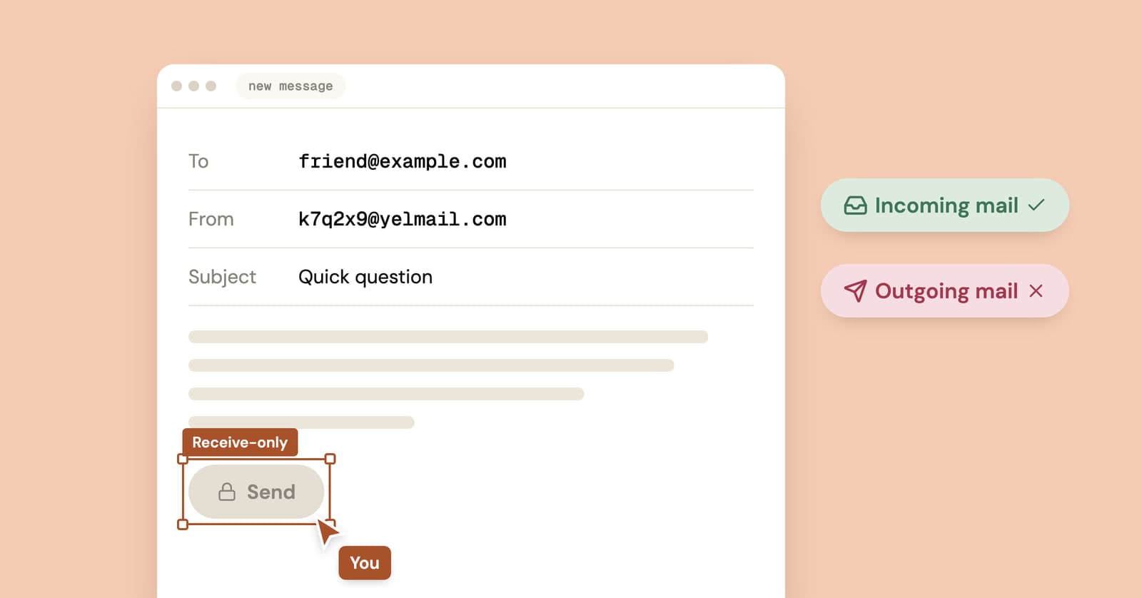 Illustration of a compose window with a locked Send button, since temp mail is receive-only