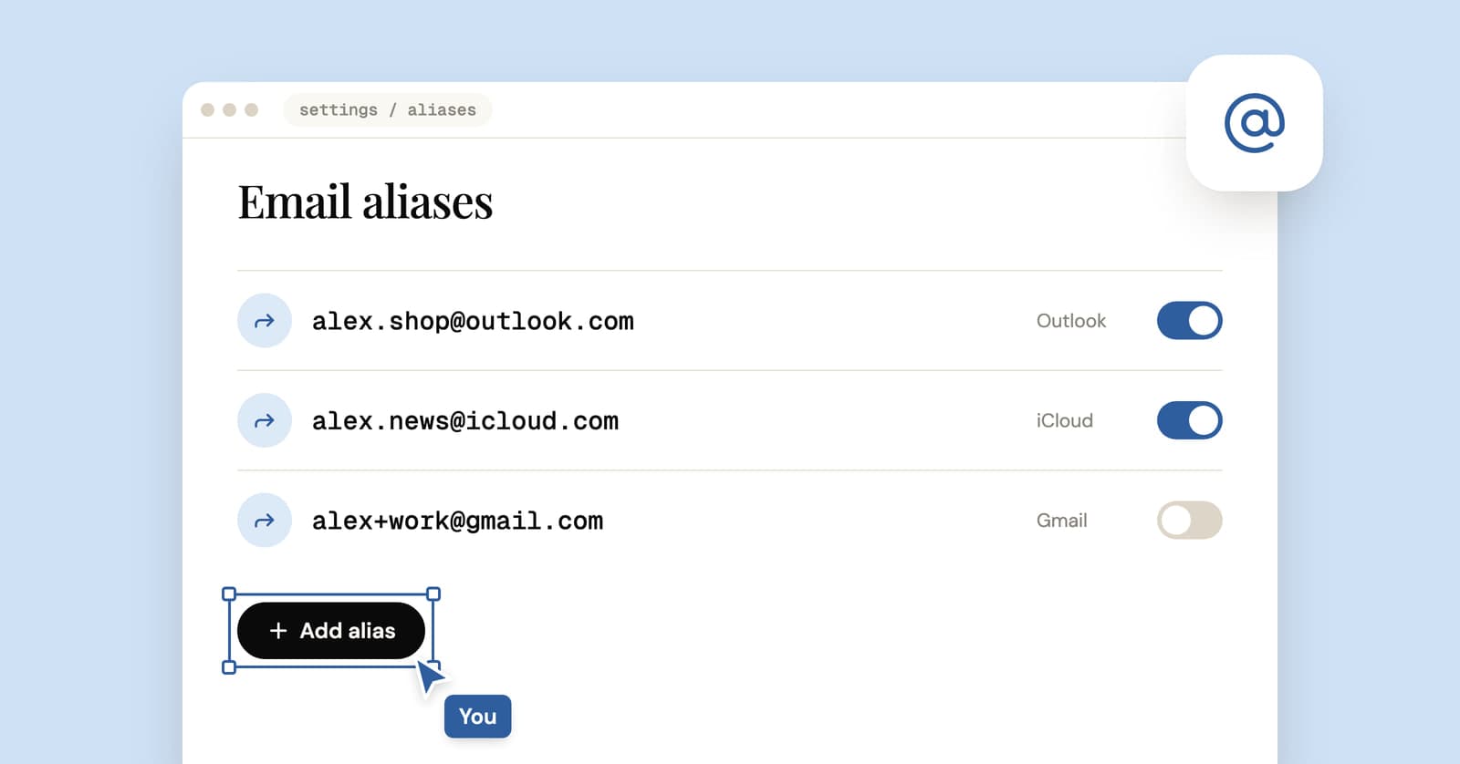 Illustration of an email alias settings page listing Outlook, iCloud and Gmail aliases