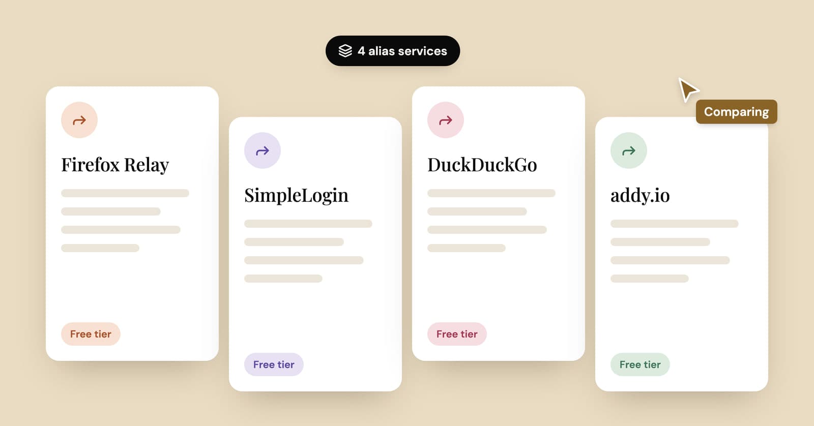 Illustration of four cards comparing Firefox Relay, SimpleLogin, DuckDuckGo and addy.io