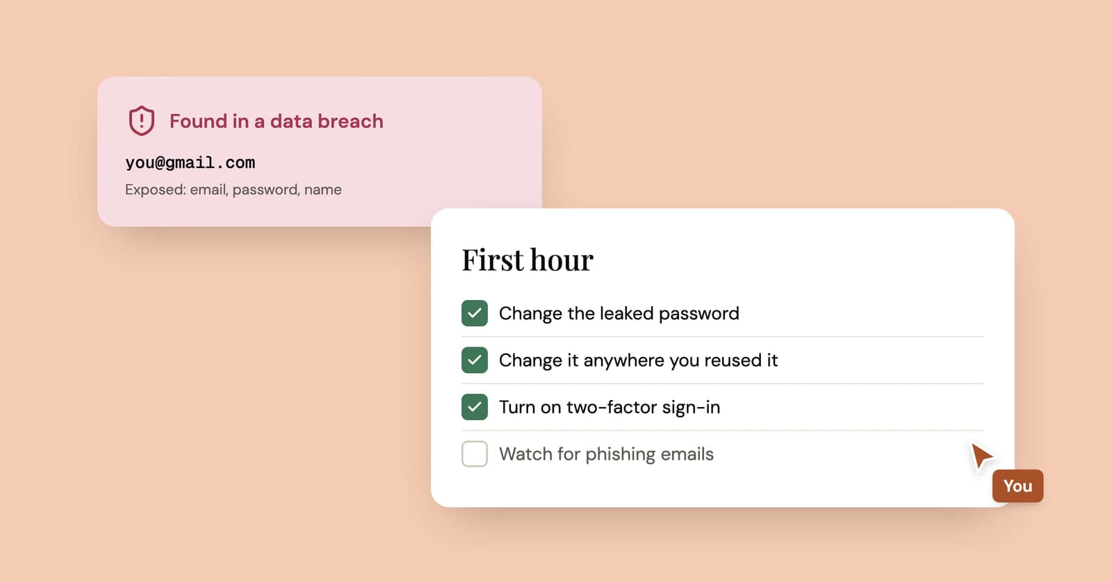 Illustration of a data breach alert next to a first-hour security checklist