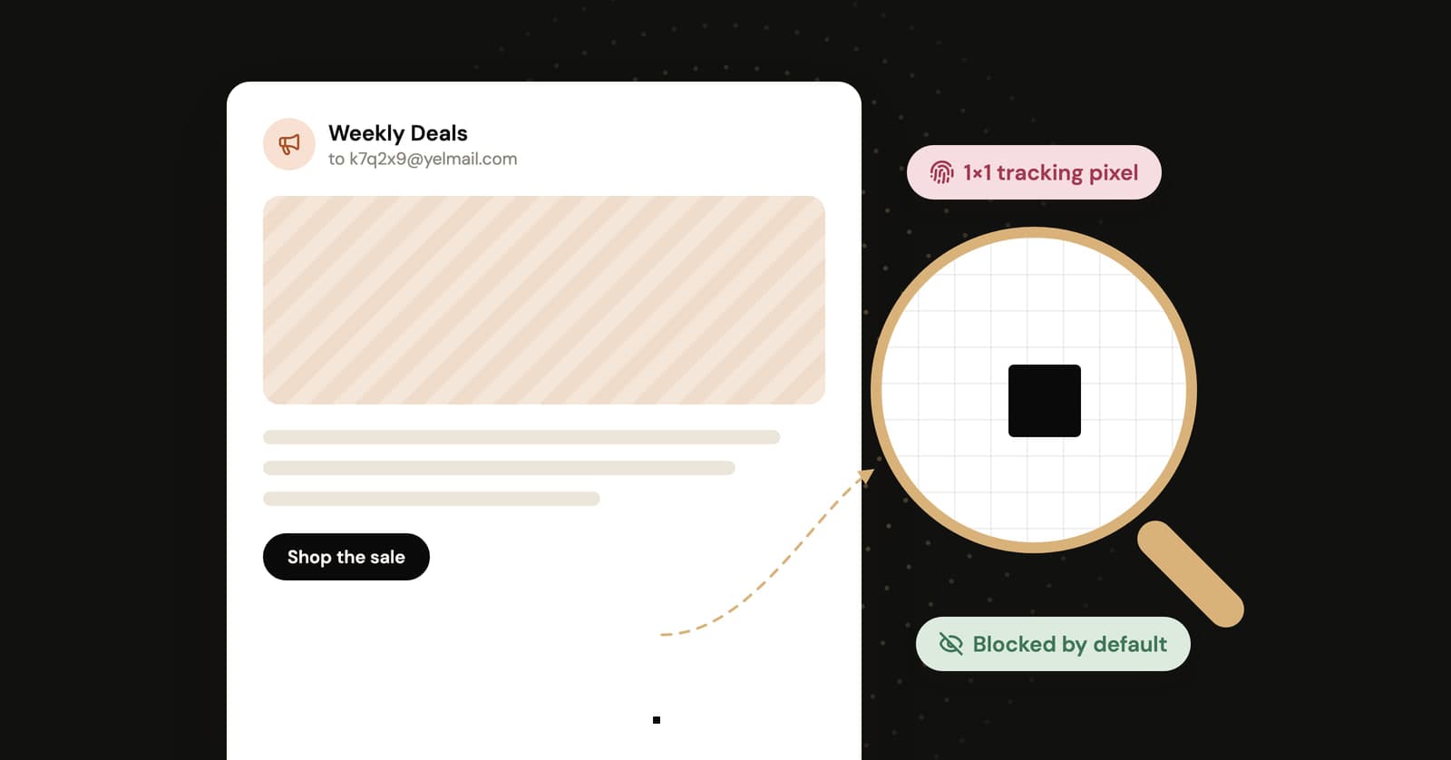 Illustration of a magnifying glass revealing a 1x1 tracking pixel hidden in a marketing email