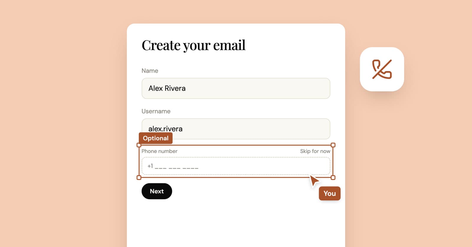 Illustration of an email sign-up form where the phone number field is optional