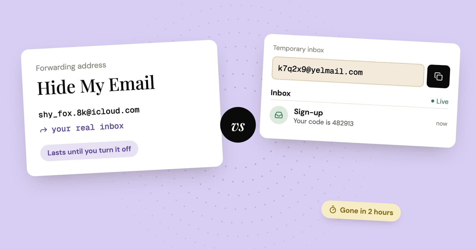 Illustration comparing a Hide My Email forwarding address with a temporary inbox