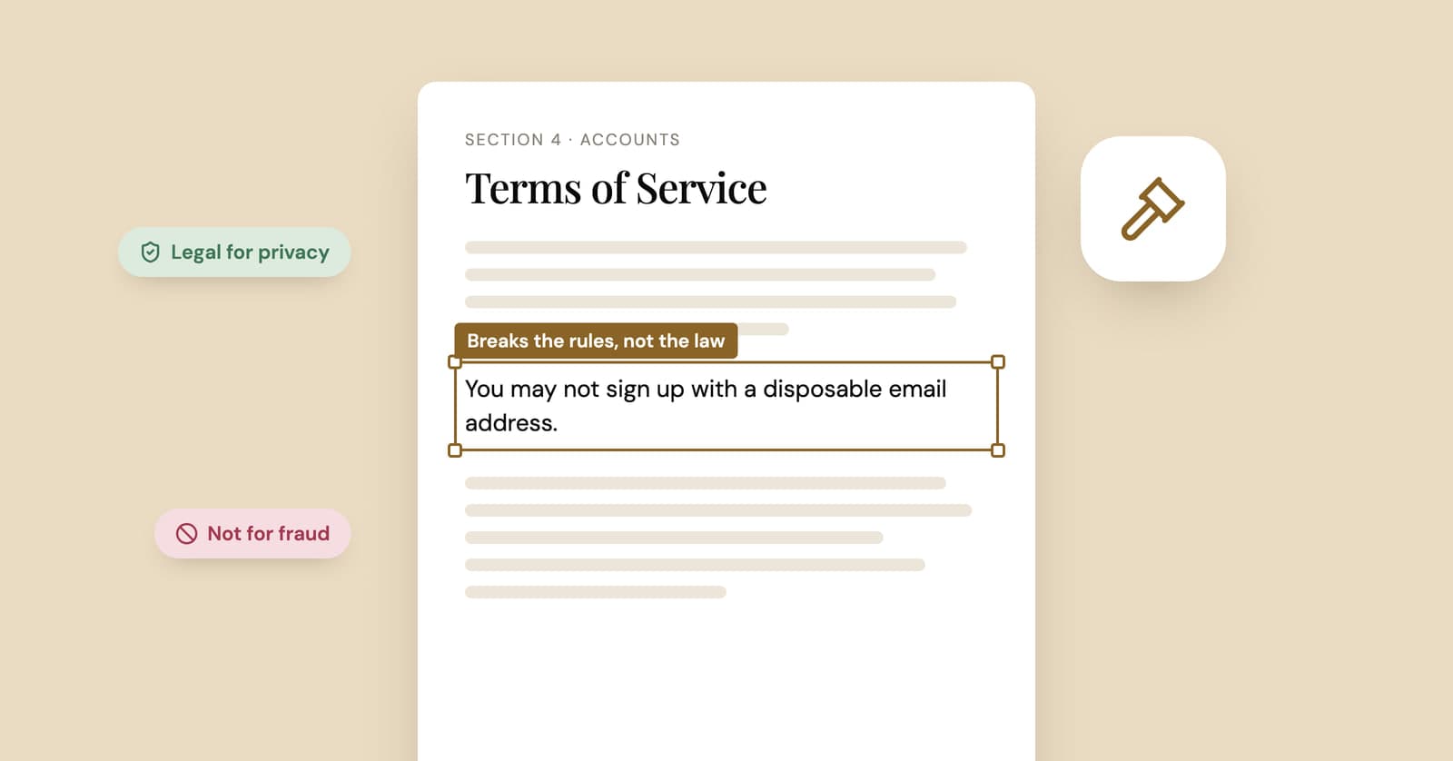 Illustration of a terms of service page with a clause banning disposable email highlighted