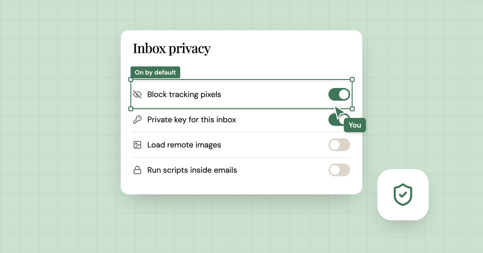 Illustration of inbox privacy settings with tracking pixels blocked and email scripts turned off