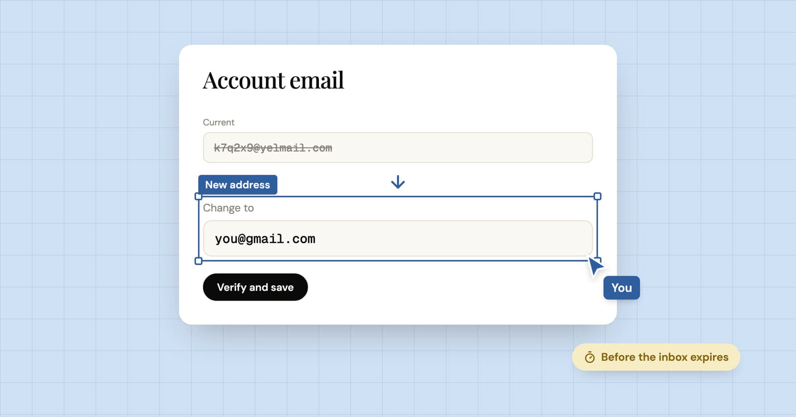 Illustration of account settings changing the email from a temp address to a permanent one