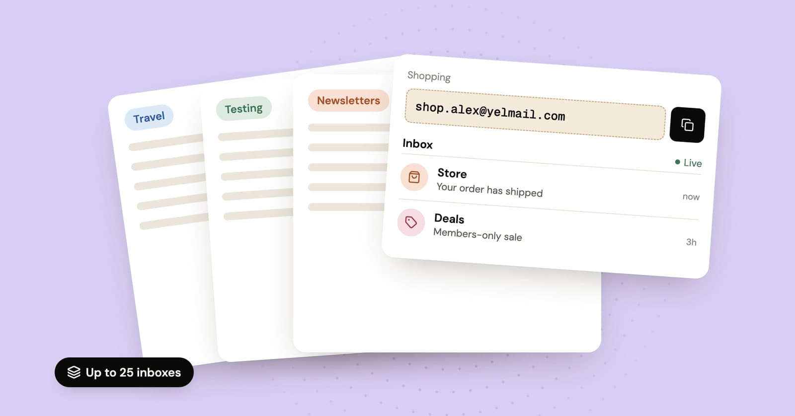 Illustration of several labelled temp inboxes stacked together, with a shopping inbox in front