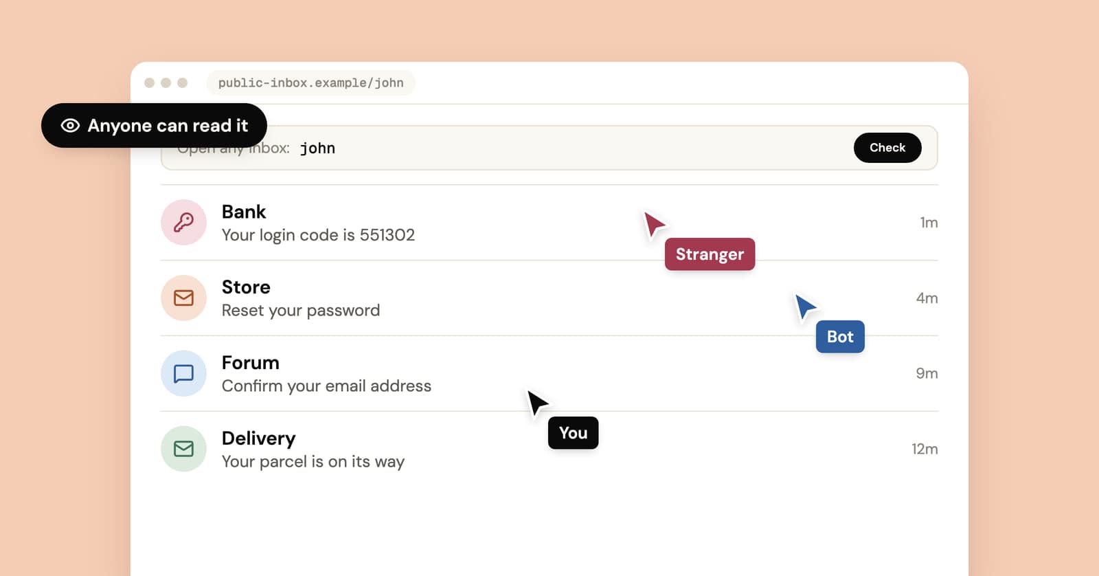 Illustration of a public inbox that strangers and bots can open by typing a name