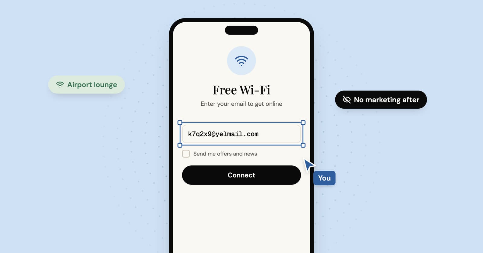 Illustration of a phone showing a free Wi-Fi login page that asks for an email address