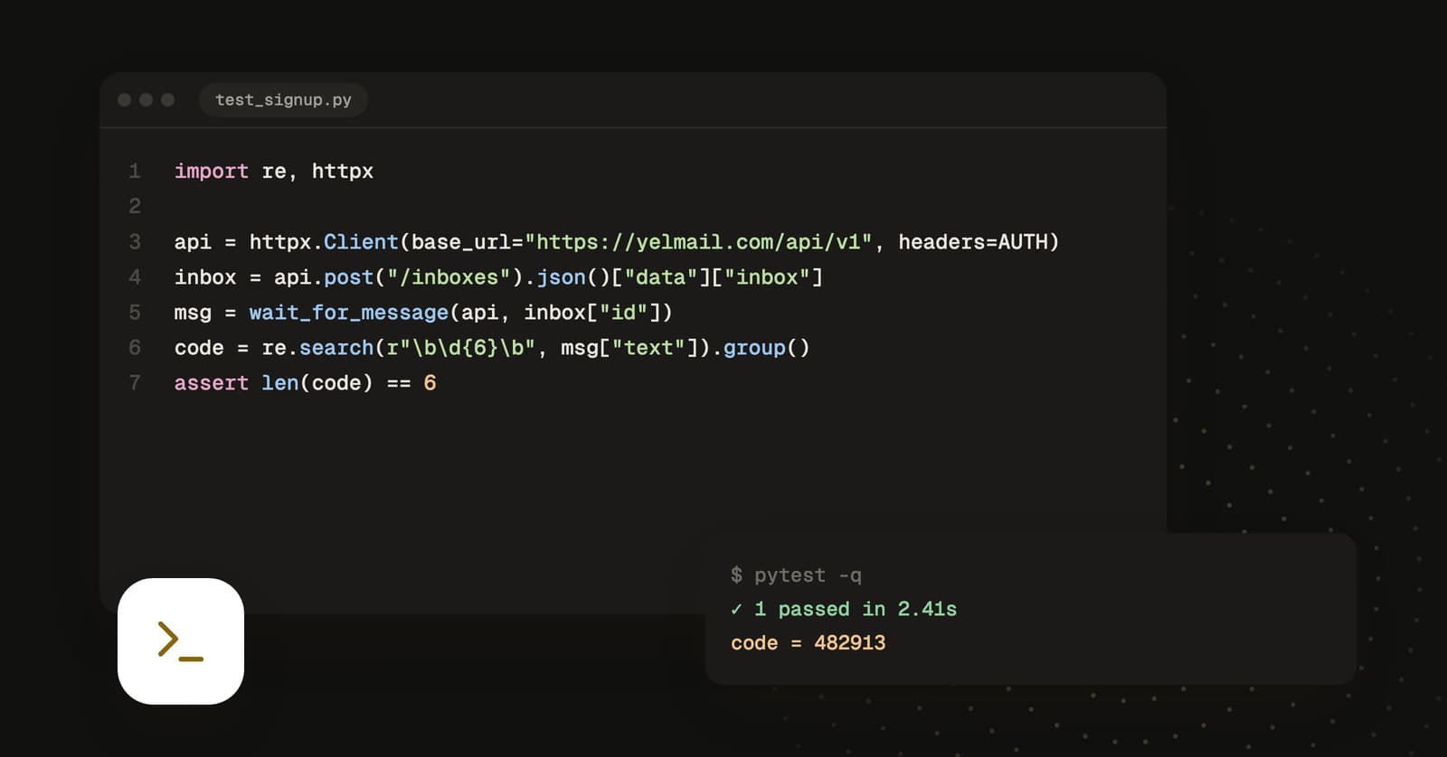 Python code that reads a verification email through an API, with a passing pytest run