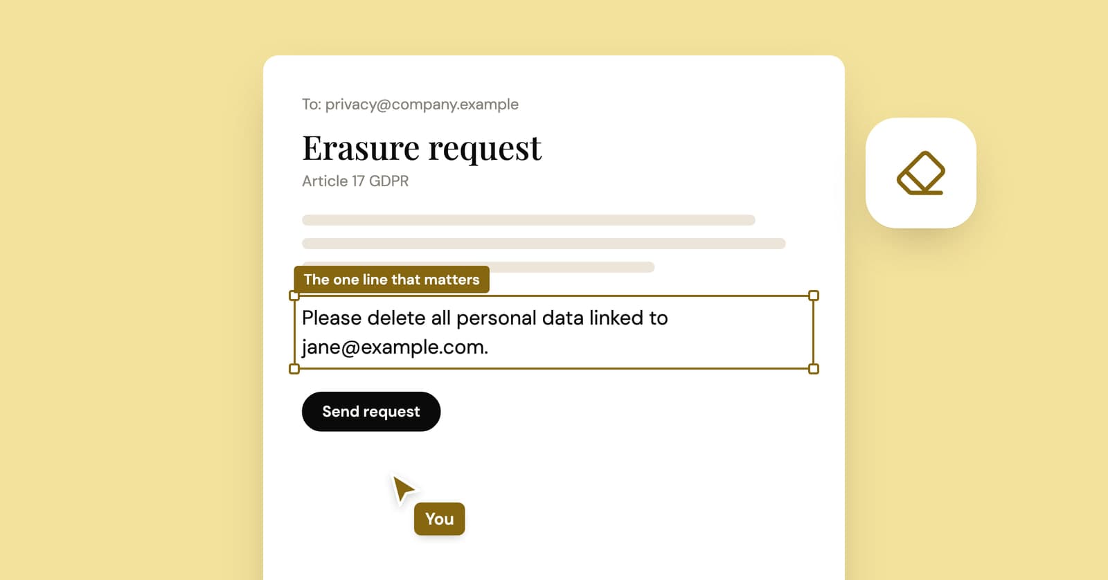 Illustration of a GDPR erasure request letter asking a company to delete personal data