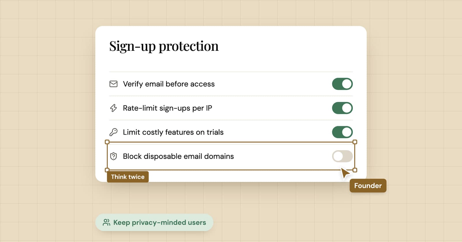 Illustration of sign-up protection settings with blocking disposable email left off