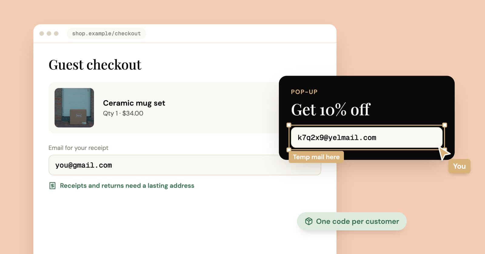 Checkout page for a parcel next to a 10% off pop-up filled in with a temp address