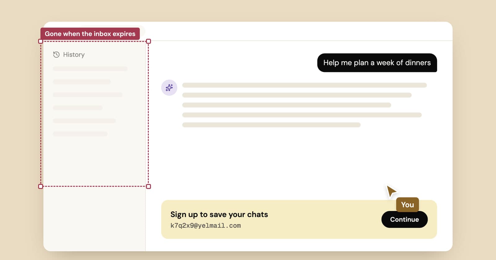 Illustration of an AI chat app where saved history is lost when the temp inbox expires