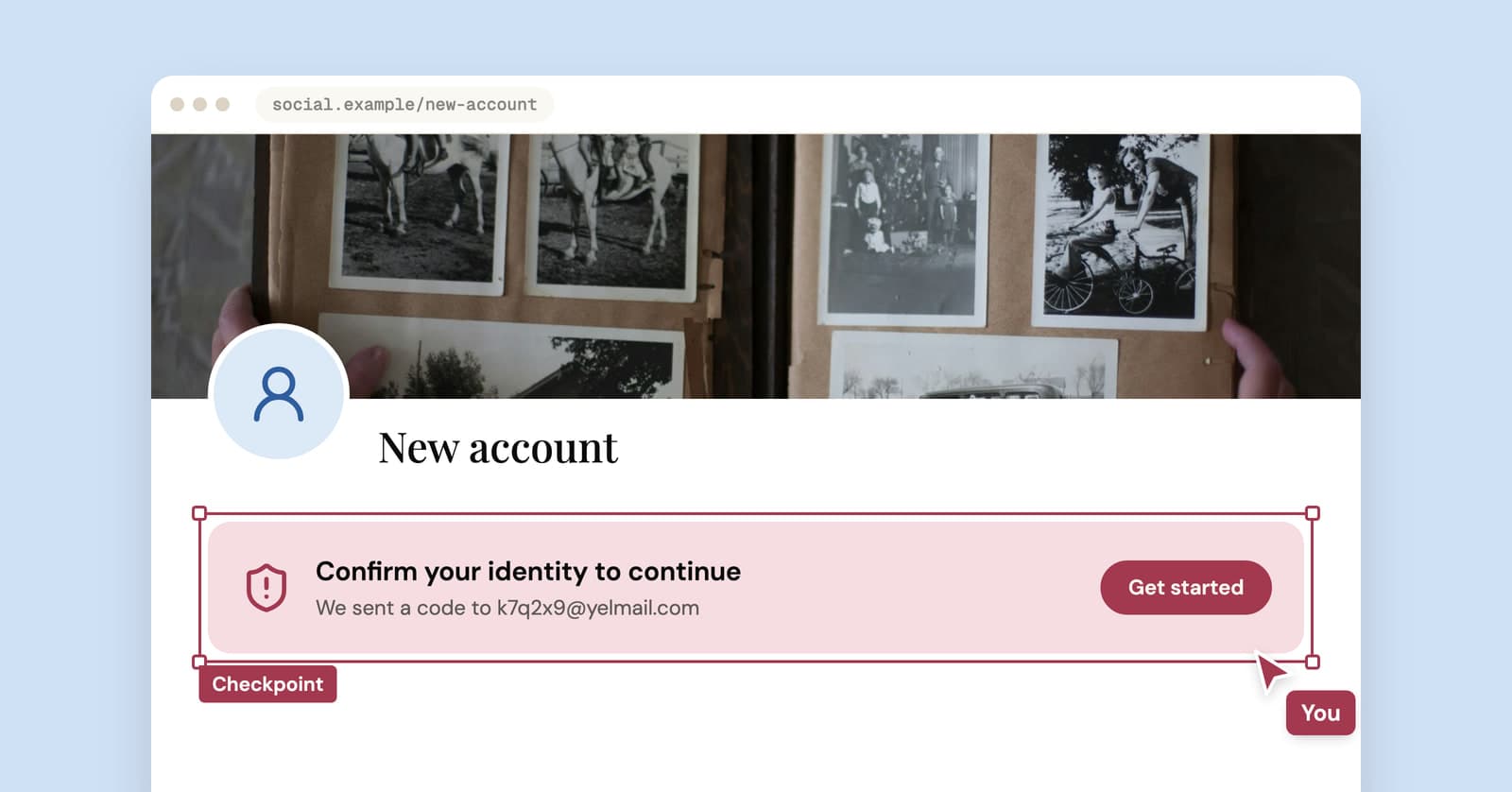 A new social profile with a family photo album cover and an identity checkpoint warning
