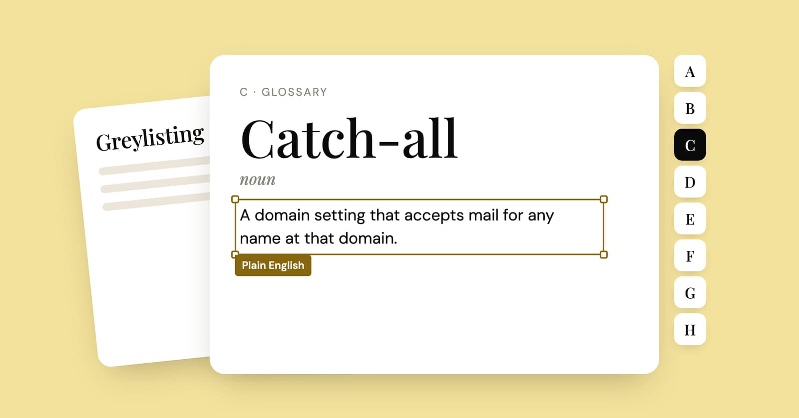 Illustration of a glossary card defining catch-all, with alphabet tabs down the side