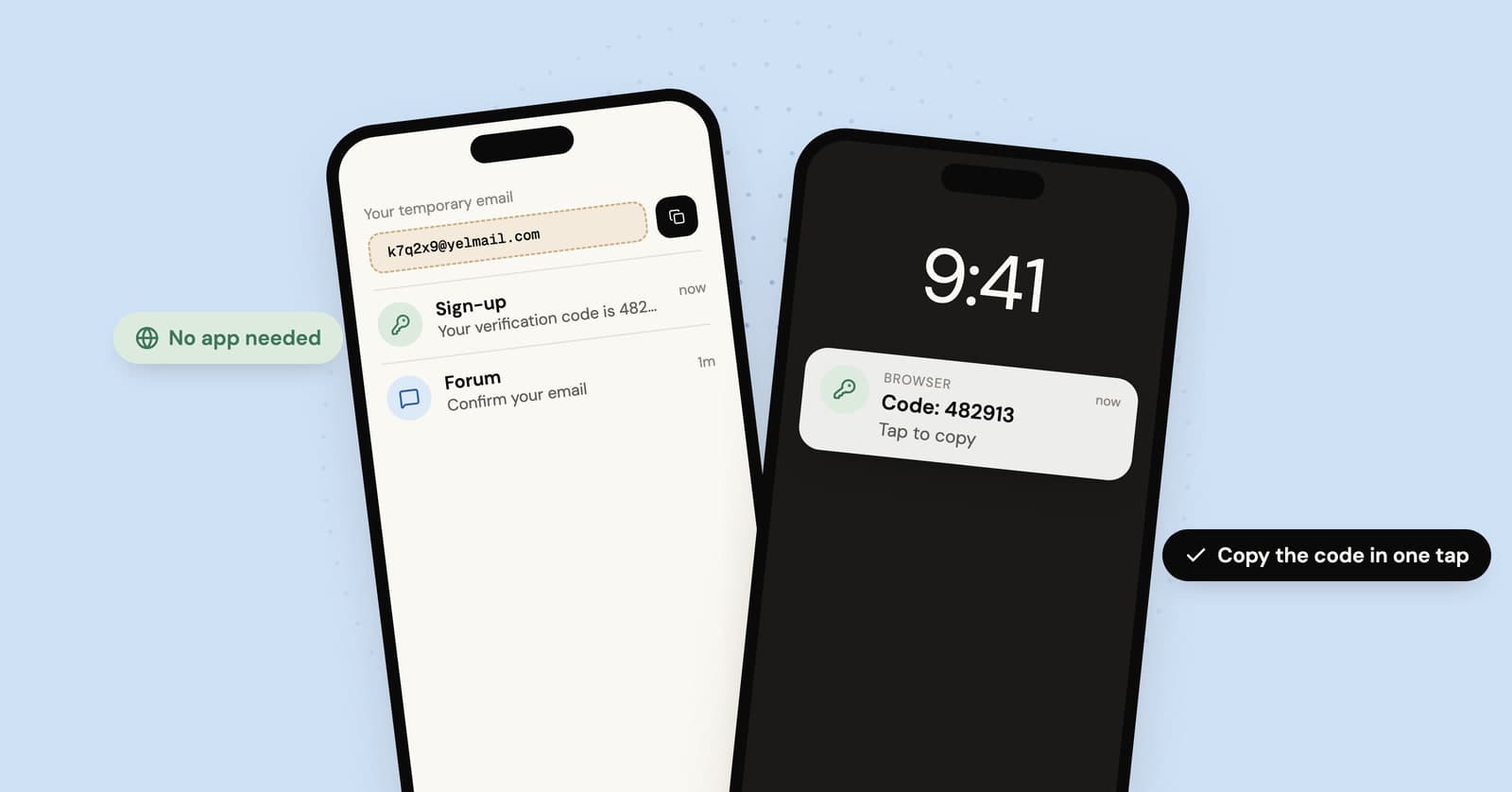 Illustration of two phones using a temp inbox in the browser, with no app installed