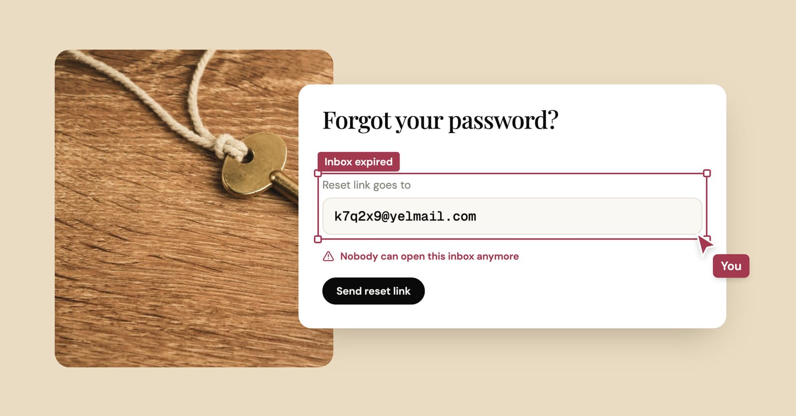 A brass key beside a password reset form that points to an expired temp inbox