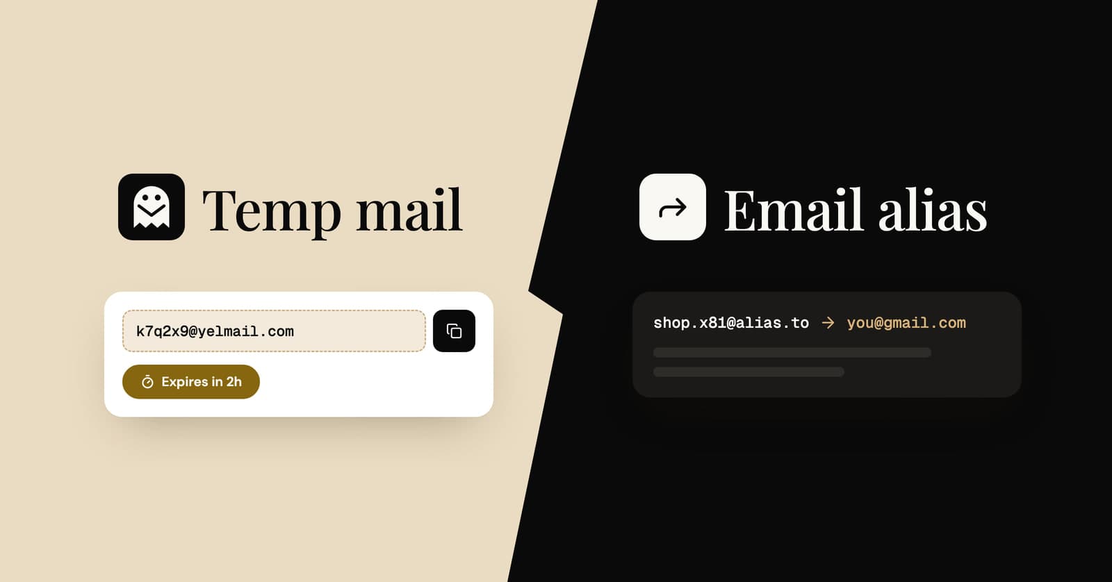 Split illustration comparing temp mail, which expires, with an email alias that forwards to you