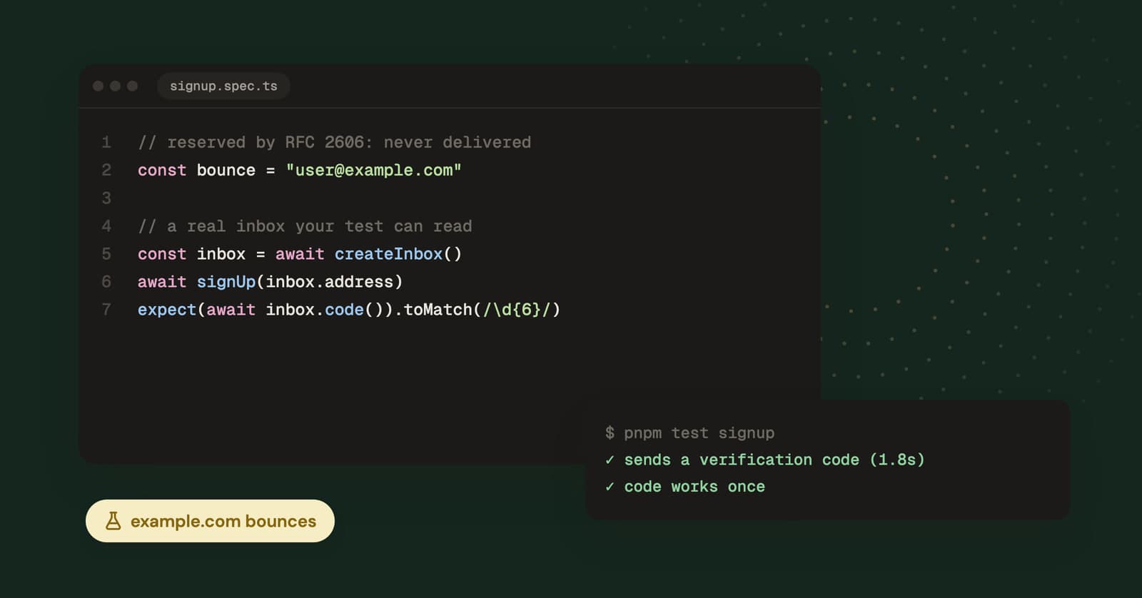 Code editor showing a test that uses a real disposable inbox instead of a reserved example.com address