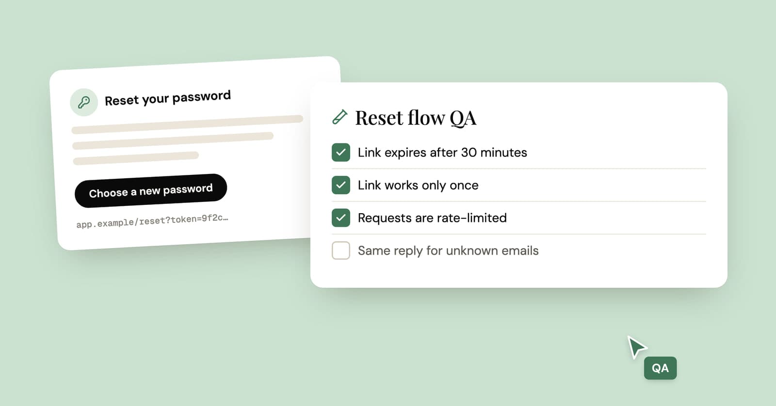 Illustration of a password reset email beside a QA checklist for the reset flow