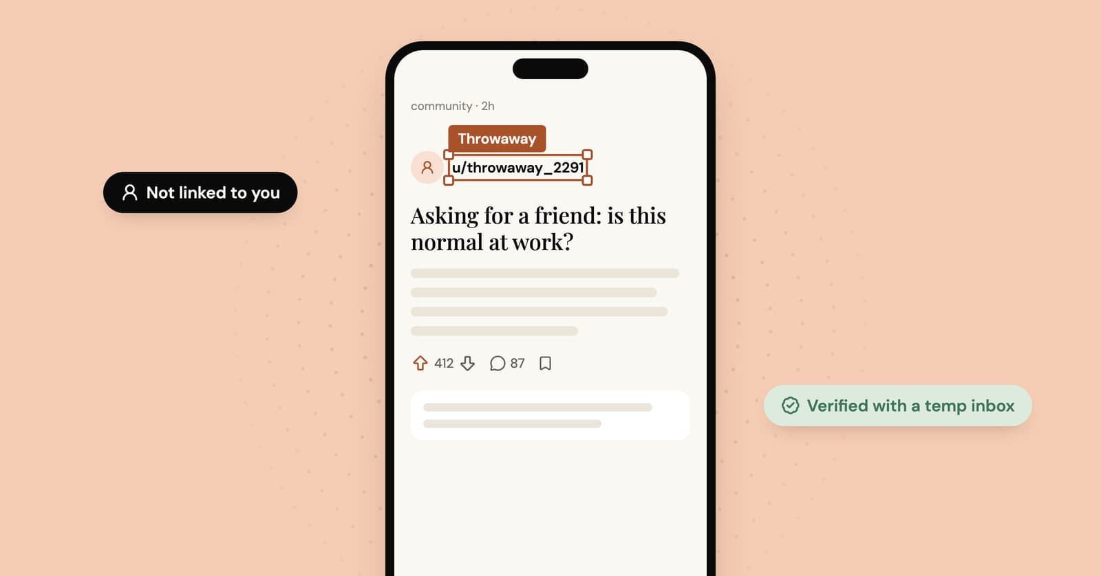 Illustration of a phone showing a forum post from a throwaway account