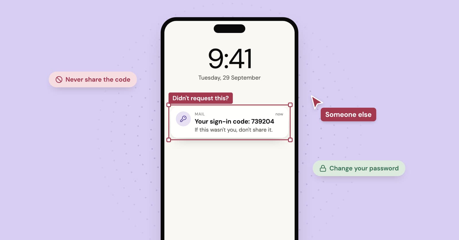 Illustration of a phone lock screen showing a sign-in code the owner did not request