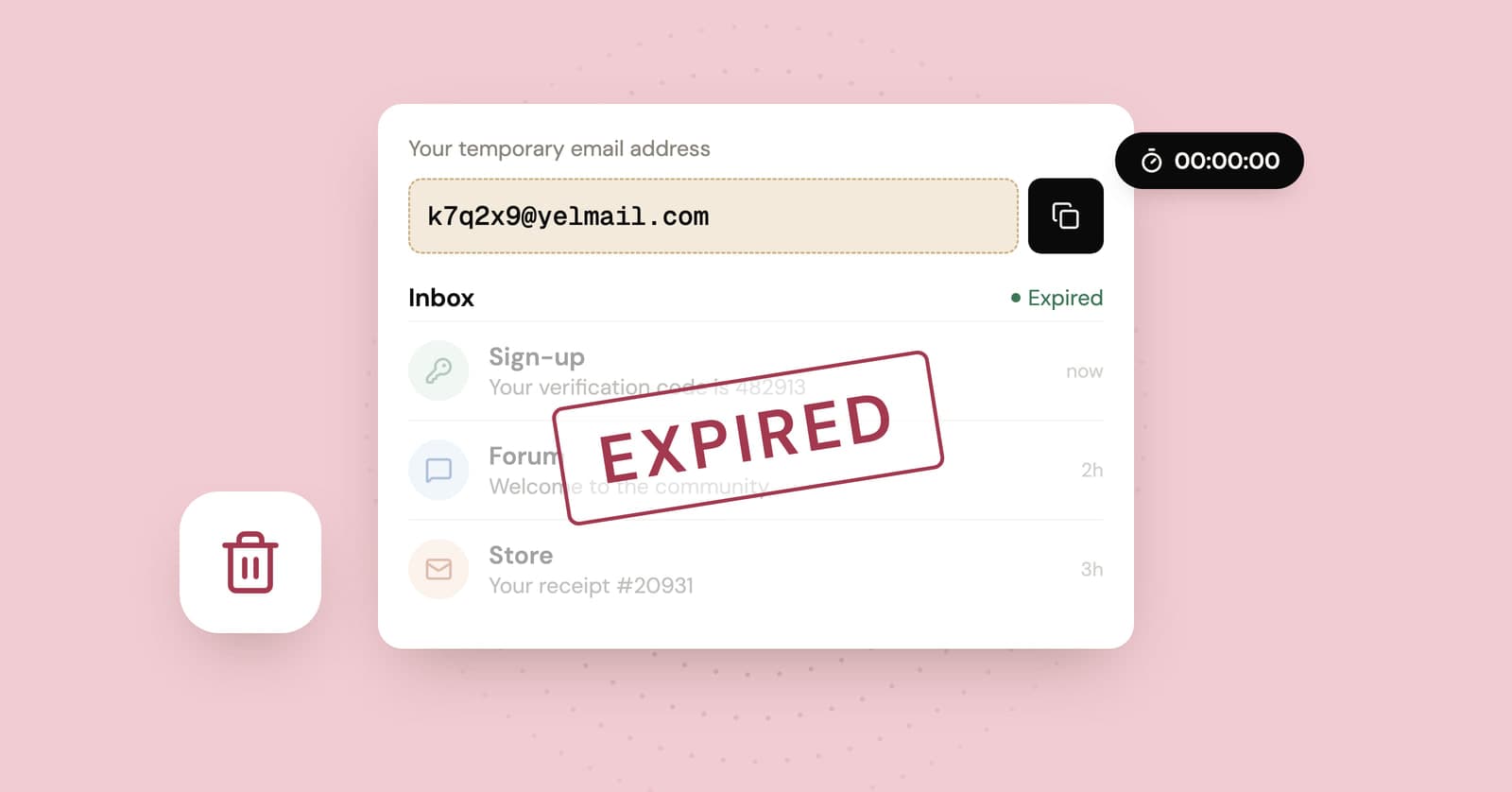 Illustration of a faded temp inbox stamped Expired, with its timer at zero