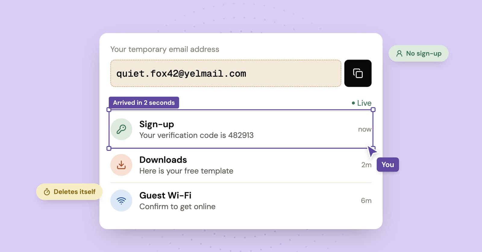 Illustration of a temporary inbox where a verification code arrives two seconds after sign-up