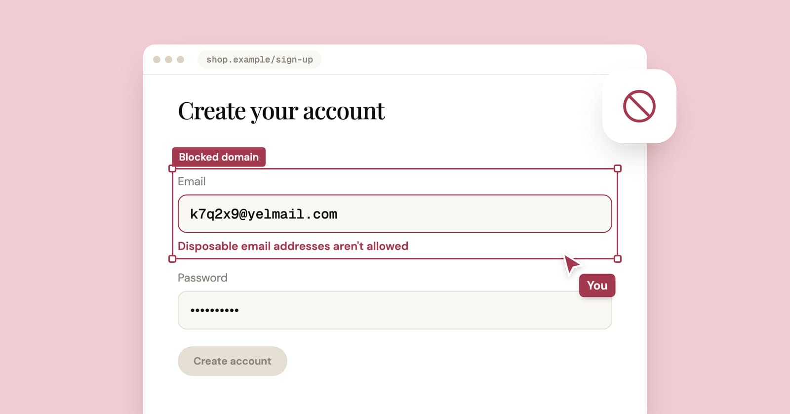 Illustration of a sign-up form rejecting a disposable email address